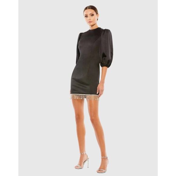 Mac Duggal Ieena Mini Dress Womens Size 10 Black Satin Beaded Fringe NWT - Picture 1 of 10